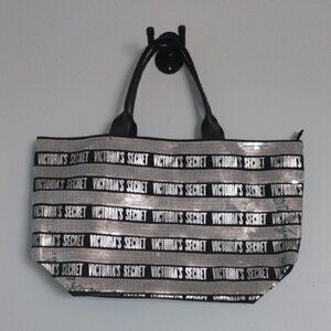 Victoria's Secret Black Silver Sequin Modern Oversize  Overnight Tote Bag Party